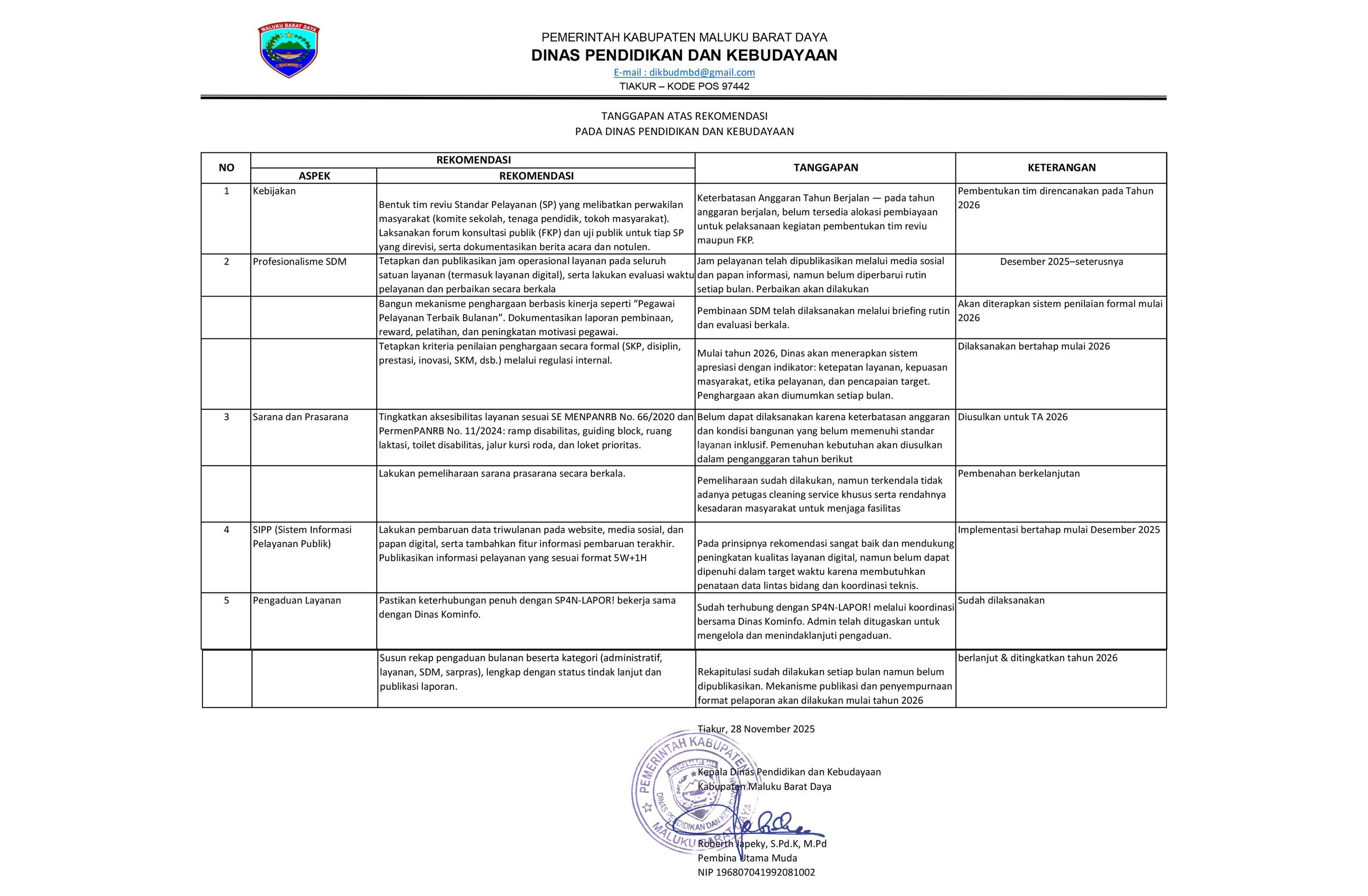 TANGGAPAN ATAS REKOMENDASI